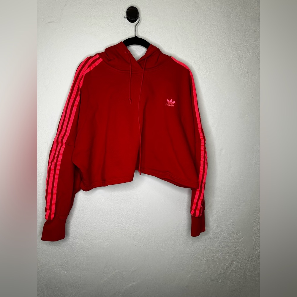 Adidas Red and Pink Cropped Hoodie